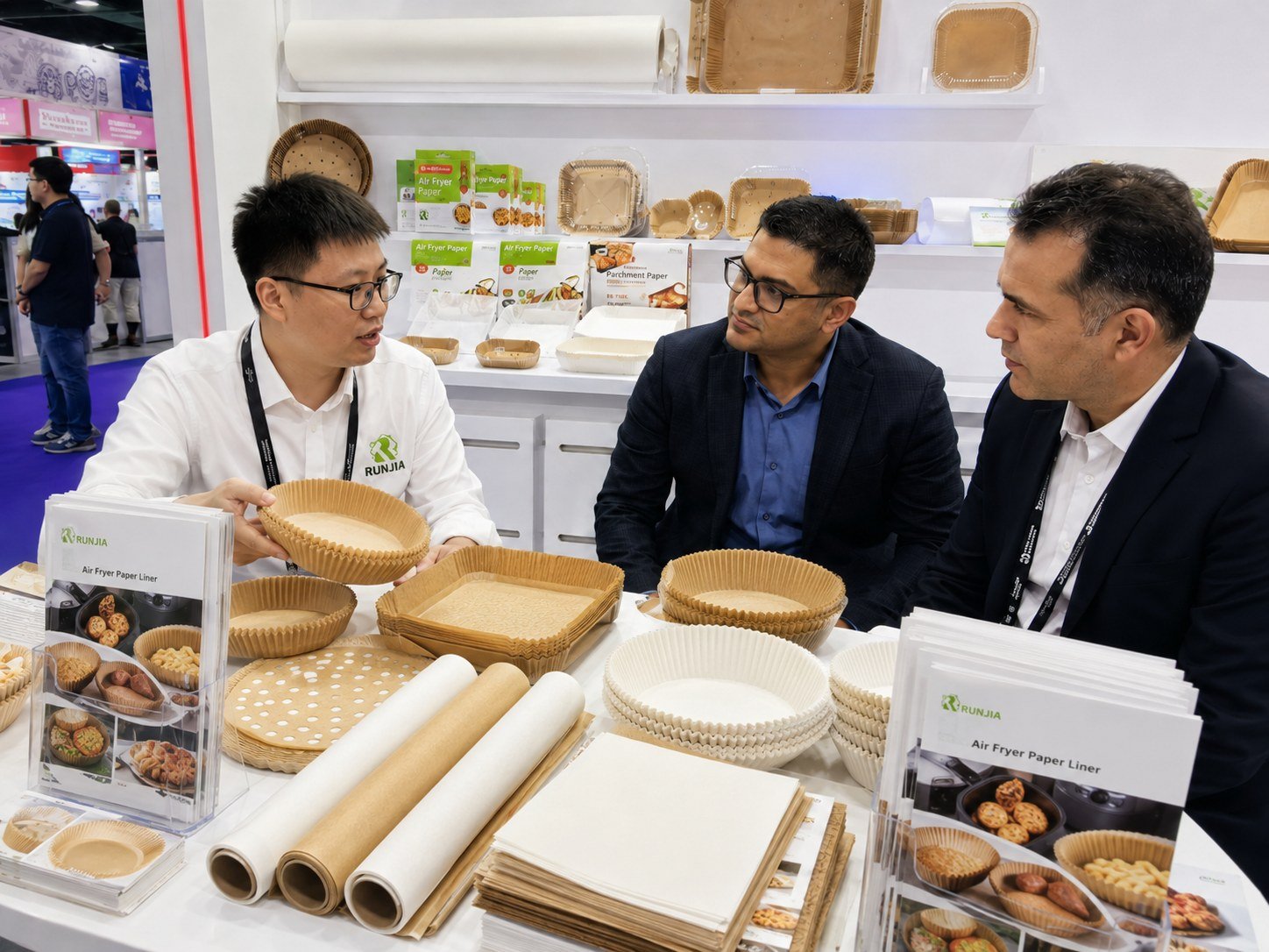Runjia air fryer paper and parchment paper samples at Canton Fair