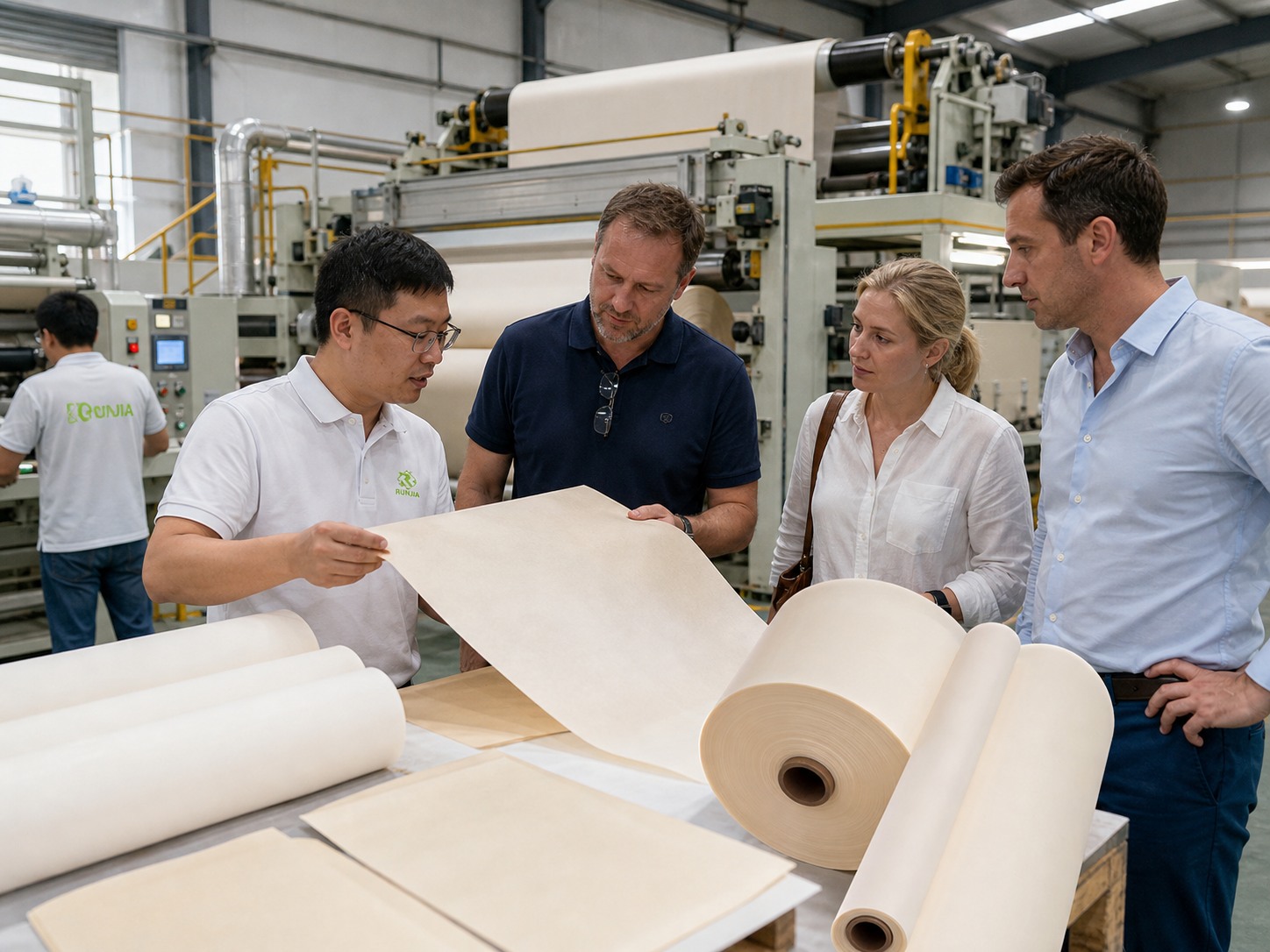 China OEM manufacturer private label coating line tour with international buyers reviewing kraft base paper rolls