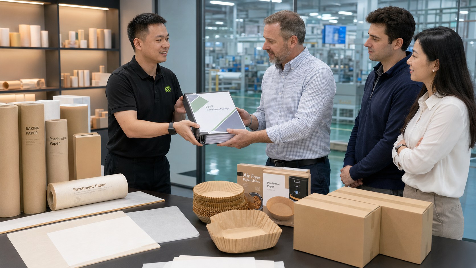 FDA-compliant manufacturer FSVP package binder handover to US importer compliance officer foodservice paper
