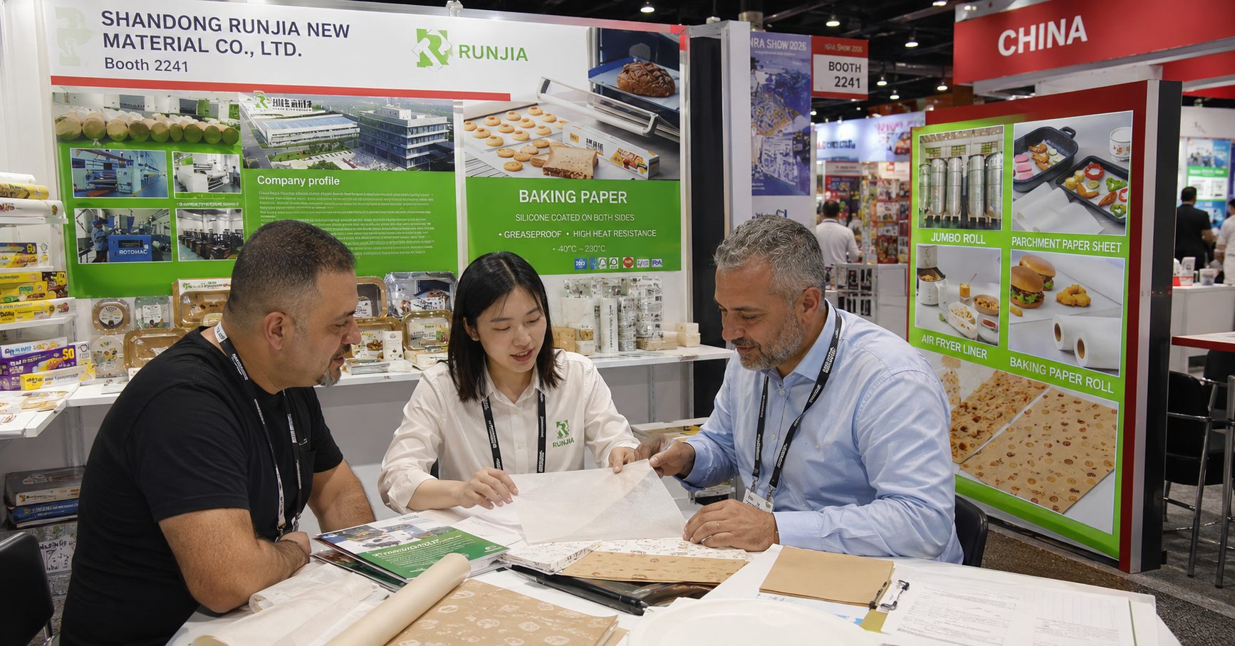 NRA Show 2026 Booth 2241 buyer meeting reviewing baking paper samples