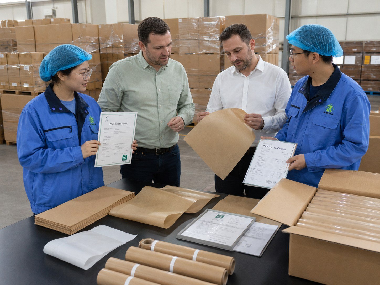 Parchment paper supplier export carton inspection with FSC and PFAS certificate