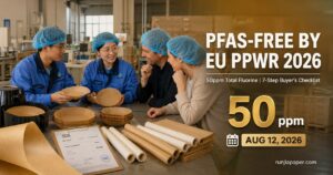 PFAS-Free air fryer paper liner manufacturer EU PPWR 2026 checklist Total Fluorine 50ppm graphic
