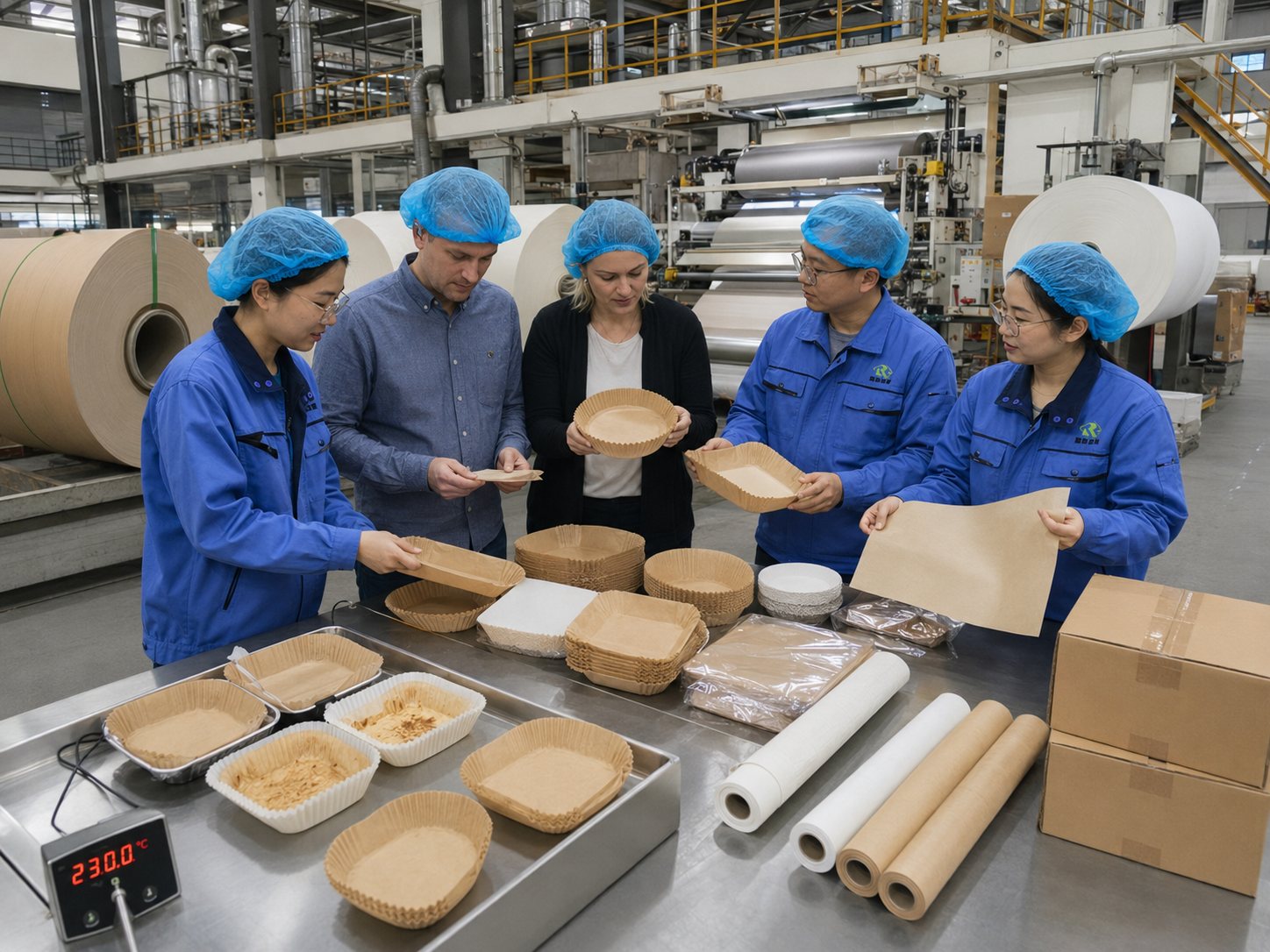 PFAS-Free air fryer paper liner manufacturer Shandong silicone line QC inspection 230C 450F