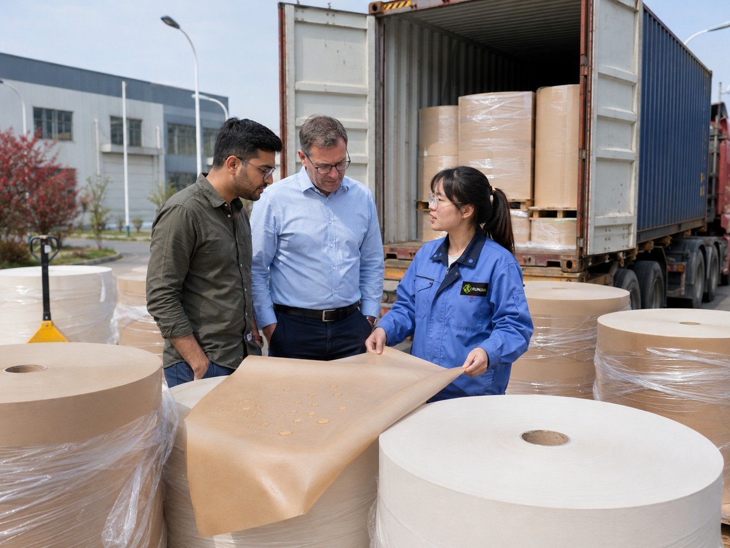 Bulk PFAS-free greaseproof paper jumbo rolls staged for container loading
