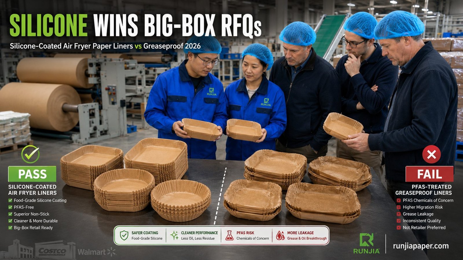 Silicone-coated air fryer paper liners vs greaseproof Costco Walmart private label RFQ 2026 featured