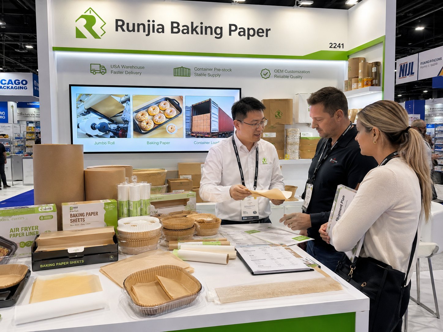 Chinese OEM baking paper supplier USA warehouse lead time NRA Show 2026 container pre-stock model