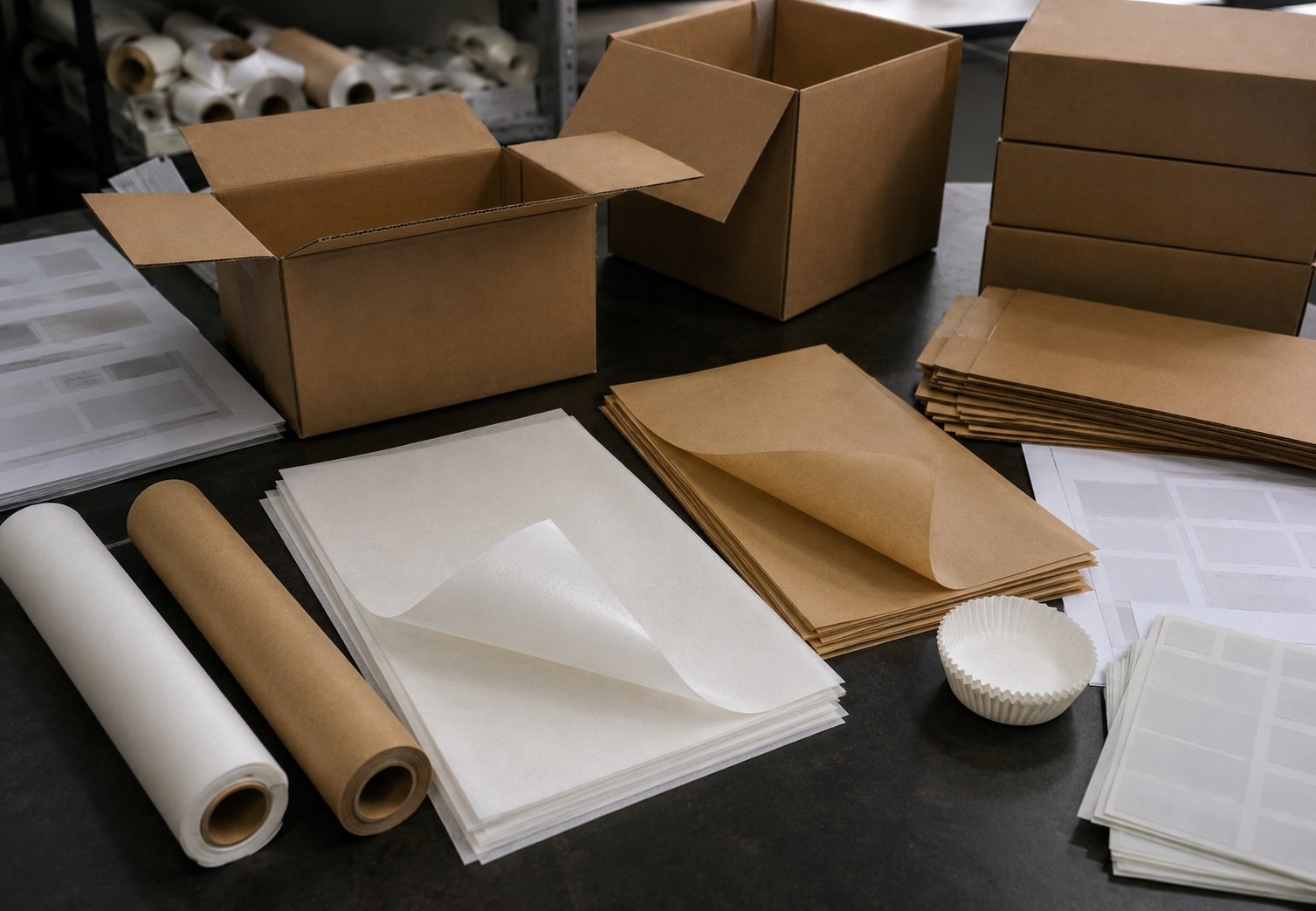 Carton plan comparison with baking paper products in the foreground and export cartons behind.
