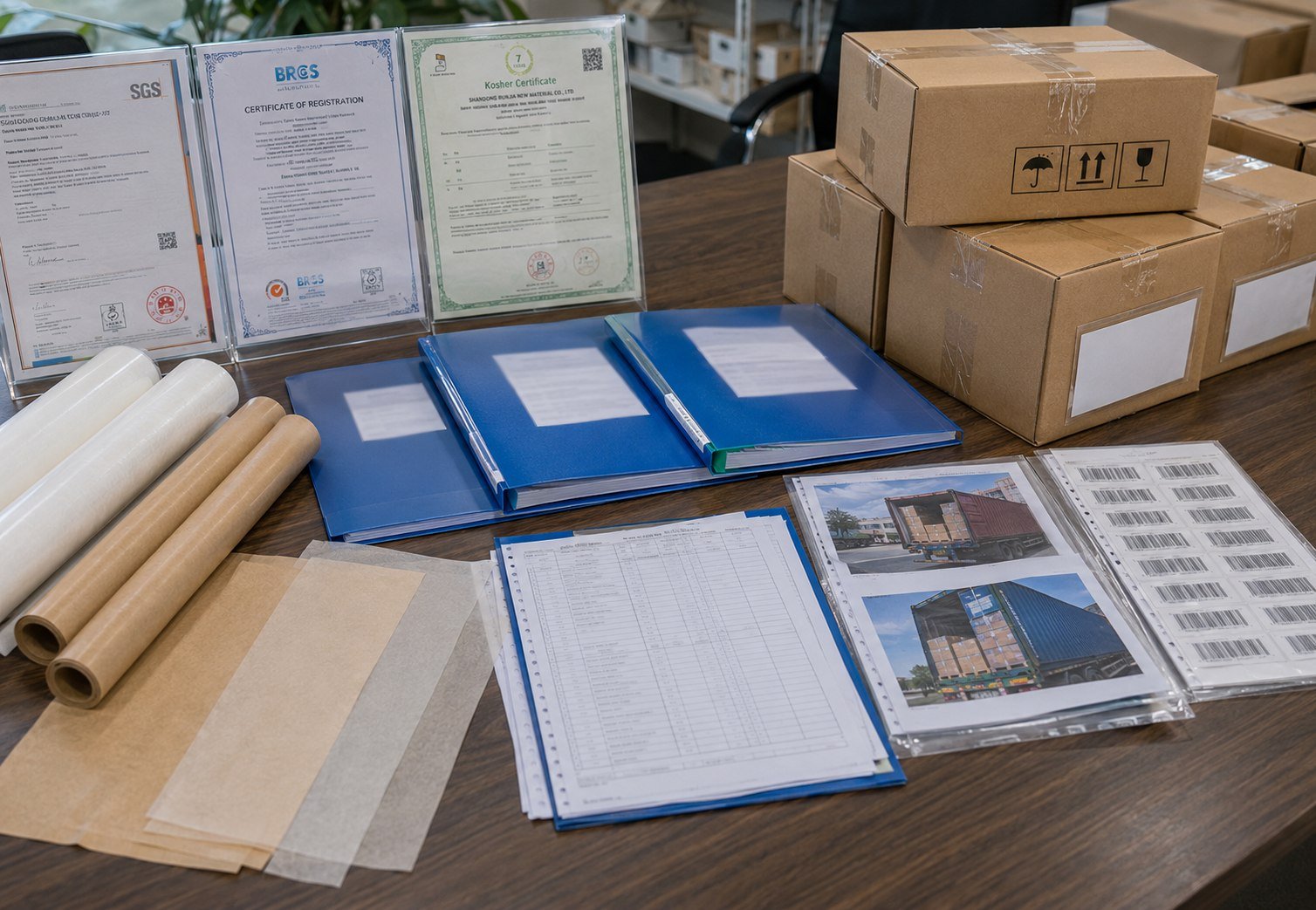 Export document review scene with unreadable paperwork, samples, and cartons for importer compliance checks.