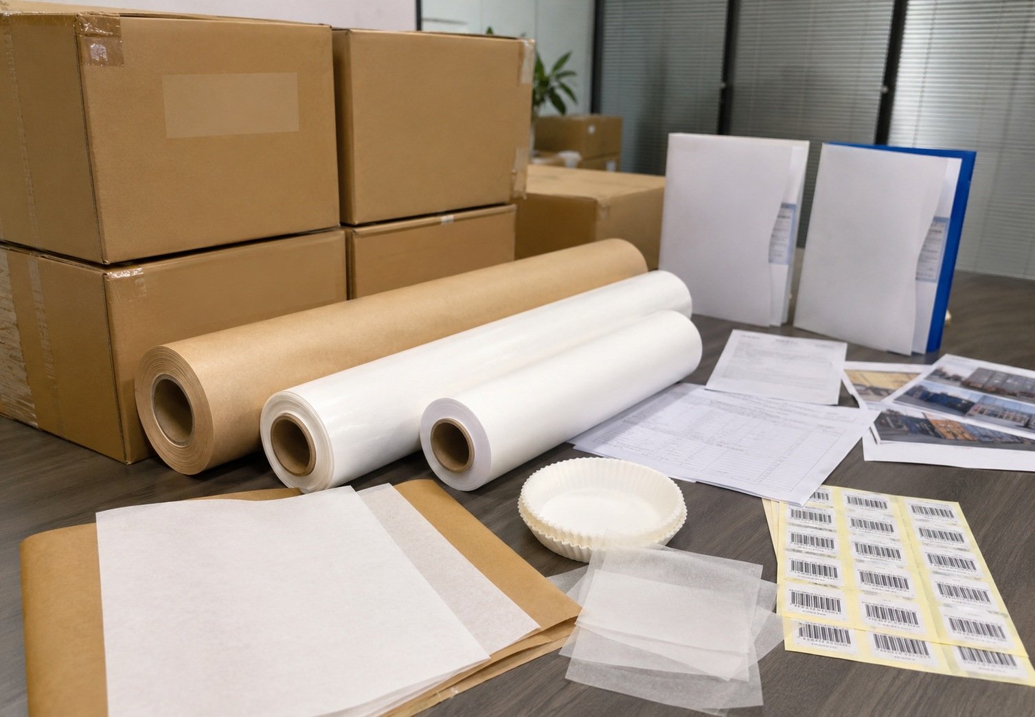 Export document review scene with baking paper samples and carton planning context.