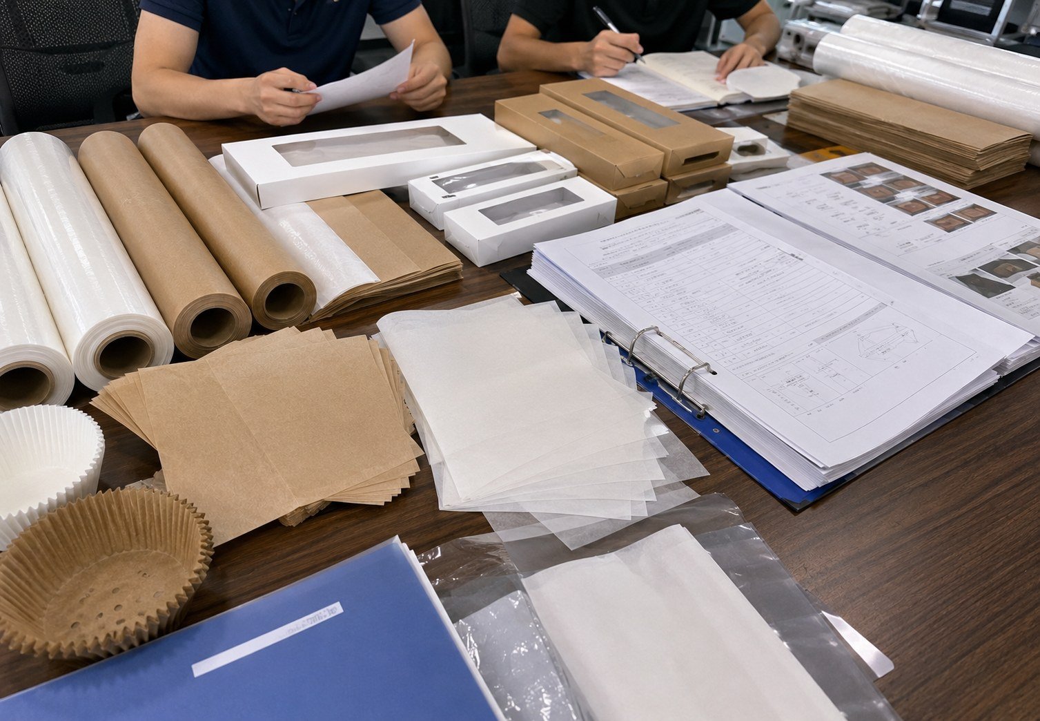 Food-contact document review context with paperwork blurred and baking paper samples as the main subject.