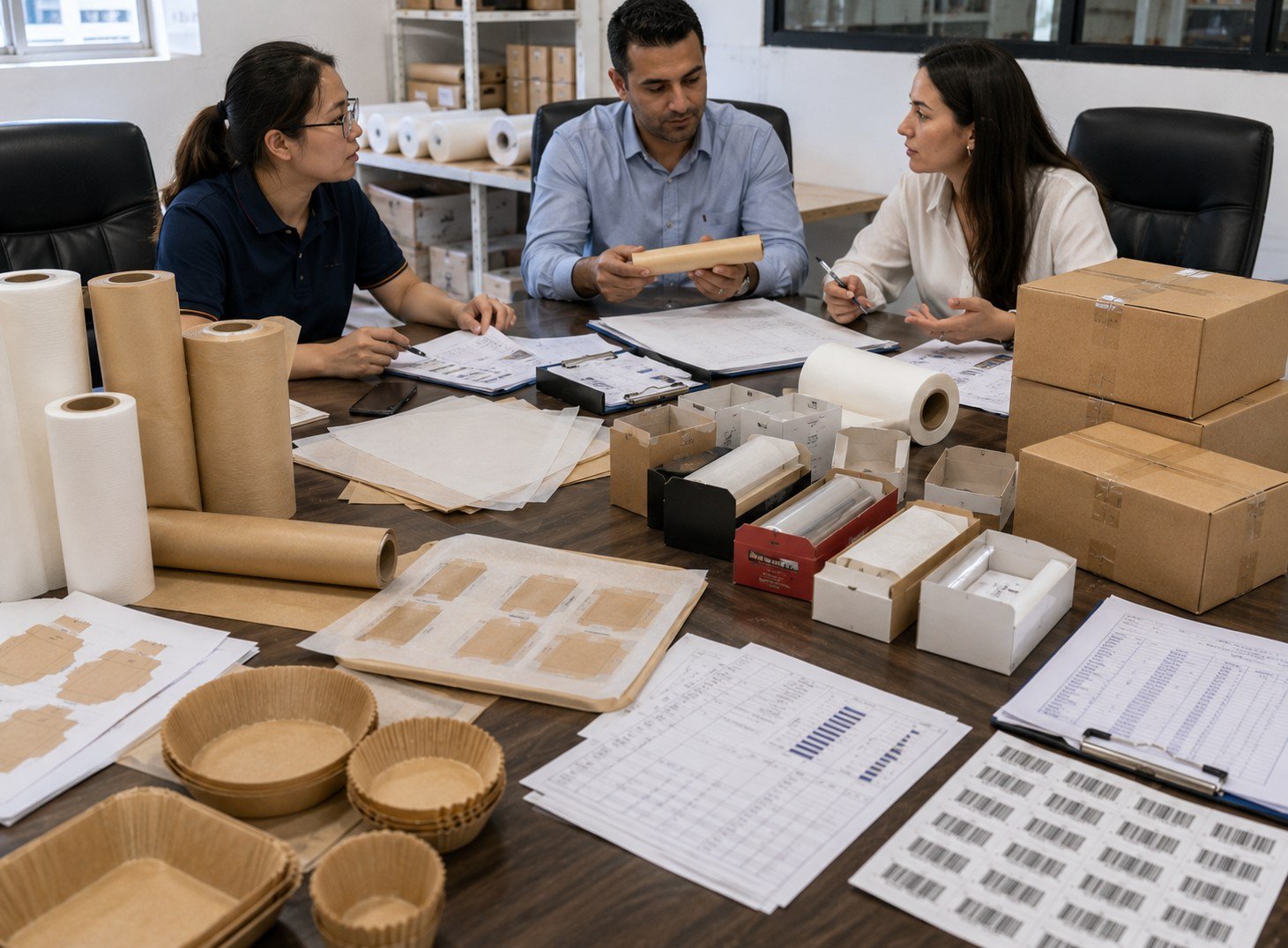 RFQ quote support scene with product samples, cartons, and unreadable quotation papers in a real office-factory setting.