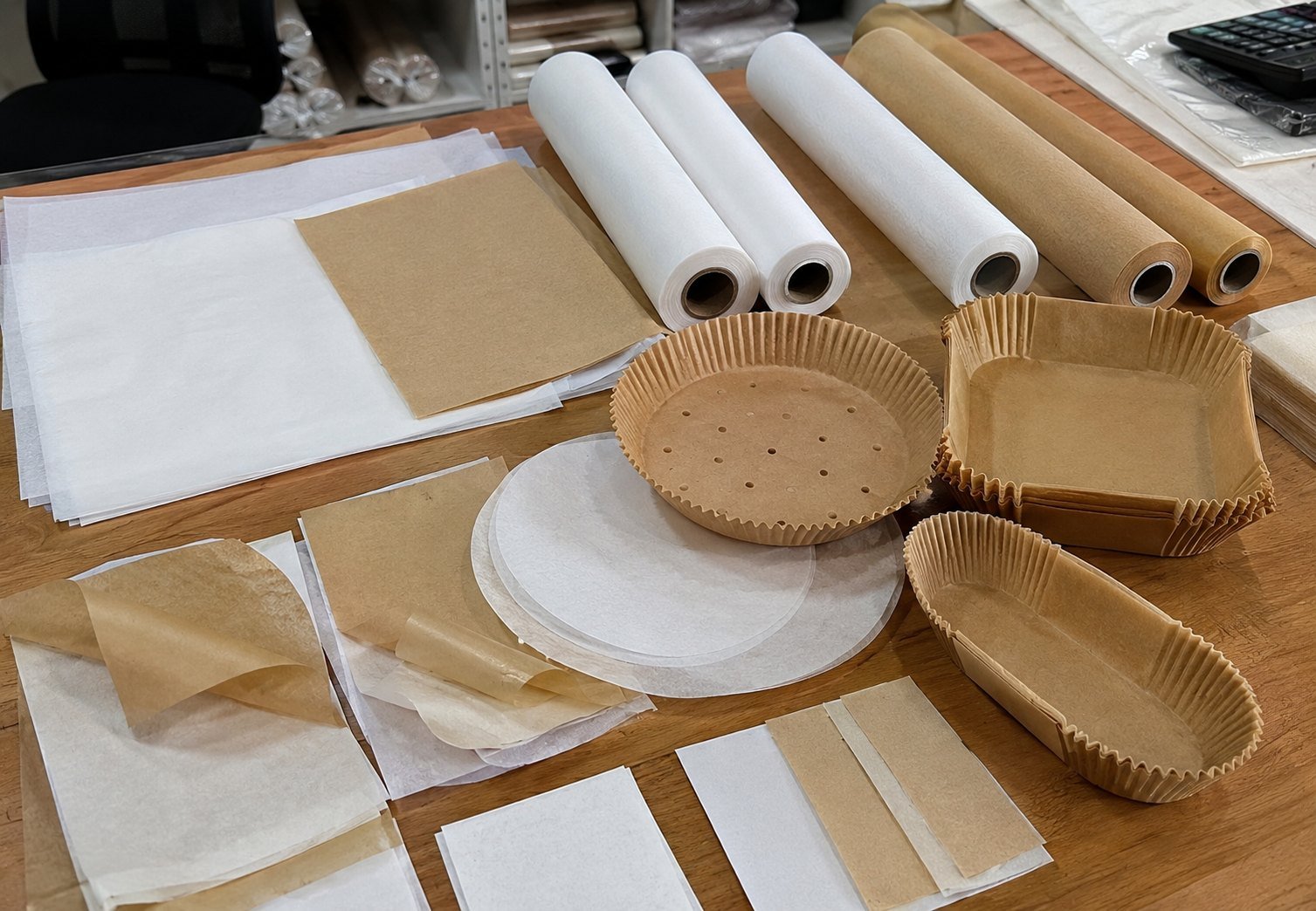 Product spec control scene showing baking paper roll samples, sheet flatness, clean slit edges, and unreadable notes.