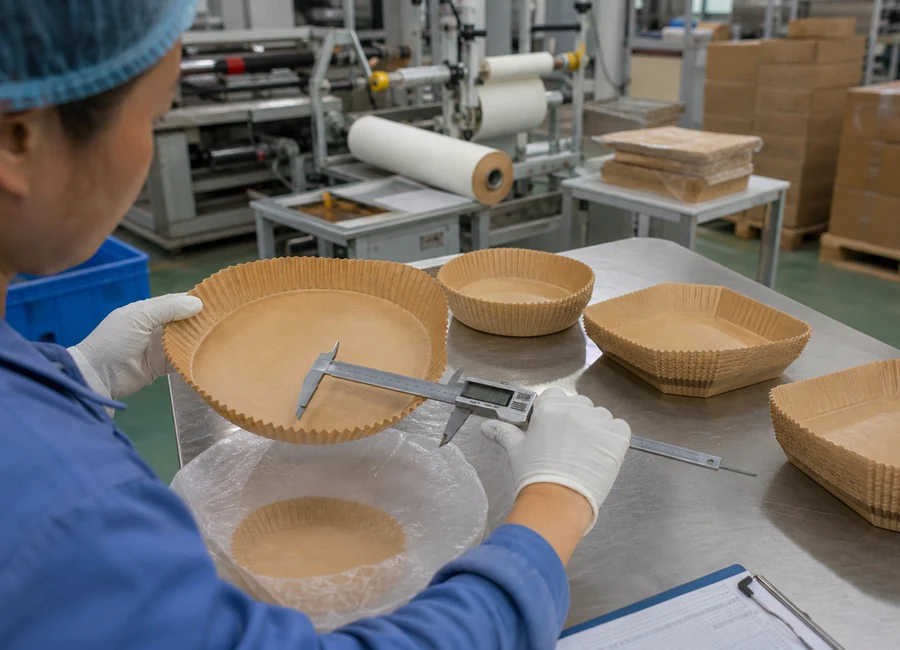 Worker inspecting air fryer paper liners