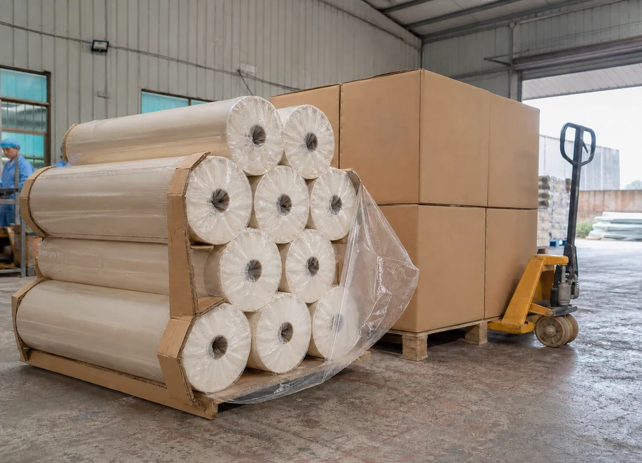 Baking paper rolls and export cartons in a working warehouse