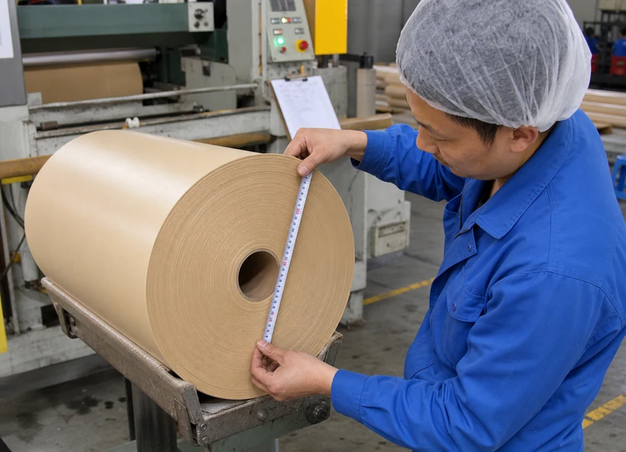 Factory worker checking baking paper roll dimensions