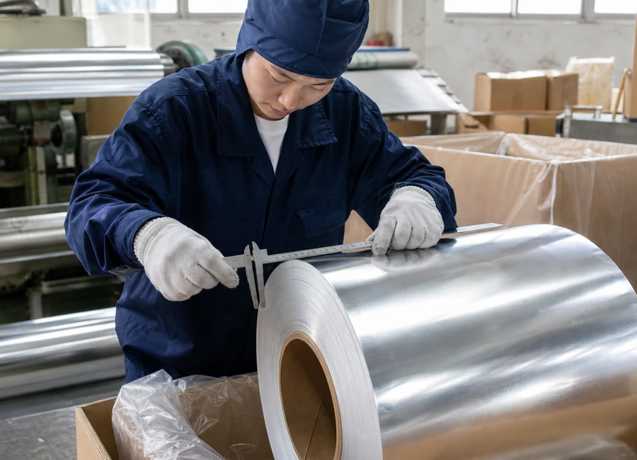 Worker inspecting aluminum foil rolls