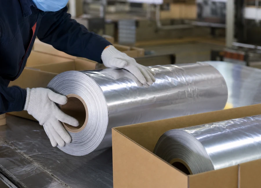 Worker inspecting aluminum foil rolls