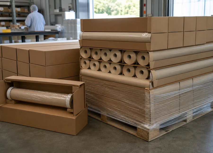 Packed baking paper rolls in realistic export warehouse