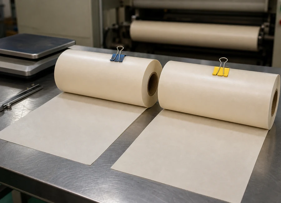 Approved and production baking paper samples compared side by side