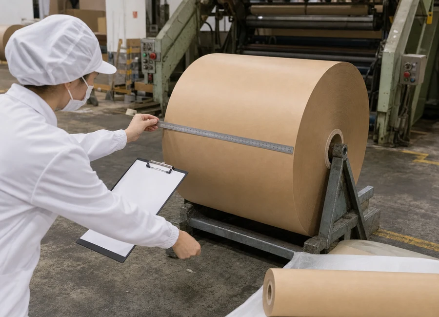 Worker recording baking paper roll inspection data