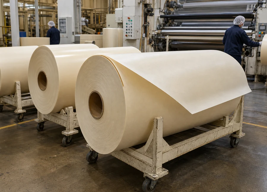 Parchment paper converting and roll handling in factory
