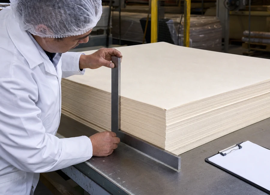 Factory worker measuring parchment paper sheet stack