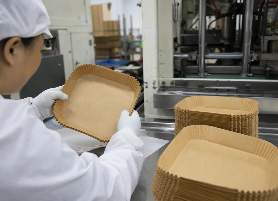Worker inspecting air fryer paper liners