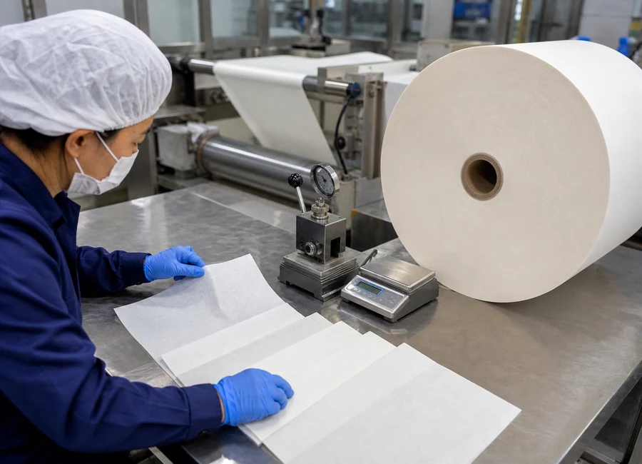 Worker inspecting food-contact paper reels