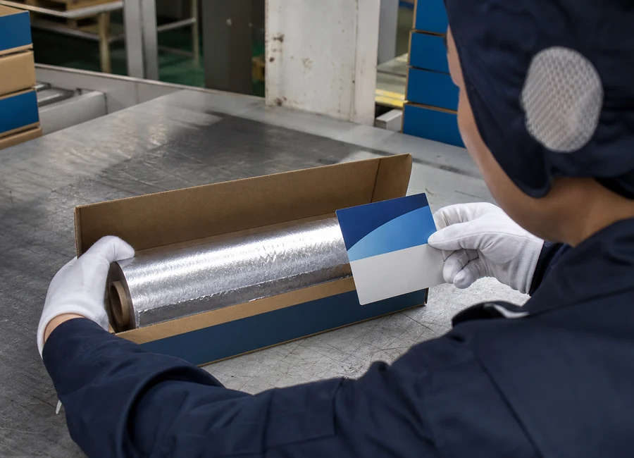 Worker inspecting aluminum foil rolls