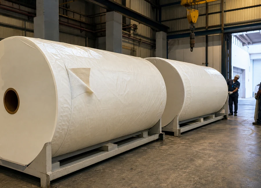 Wrapped baking paper jumbo rolls handled in warehouse