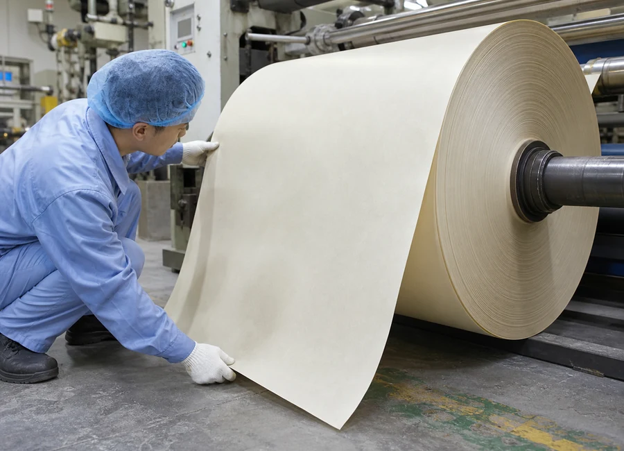 Worker inspecting jumbo baking paper roll winding