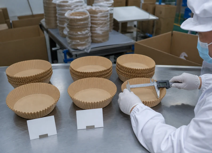 Worker inspecting air fryer paper liners