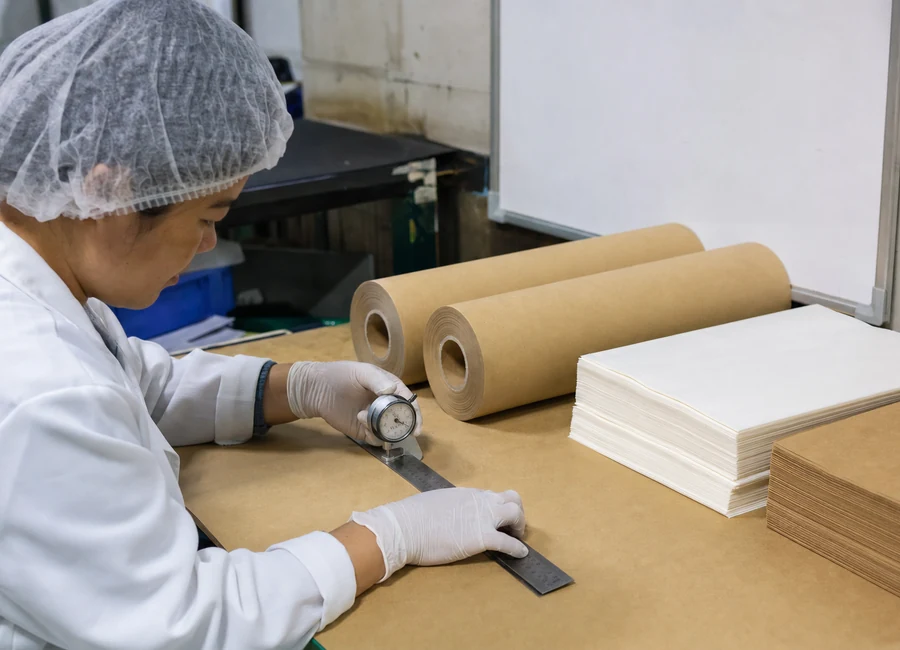 Worker measuring baking paper samples for supplier matrix