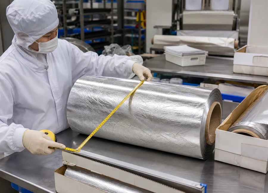 Worker inspecting aluminum foil rolls