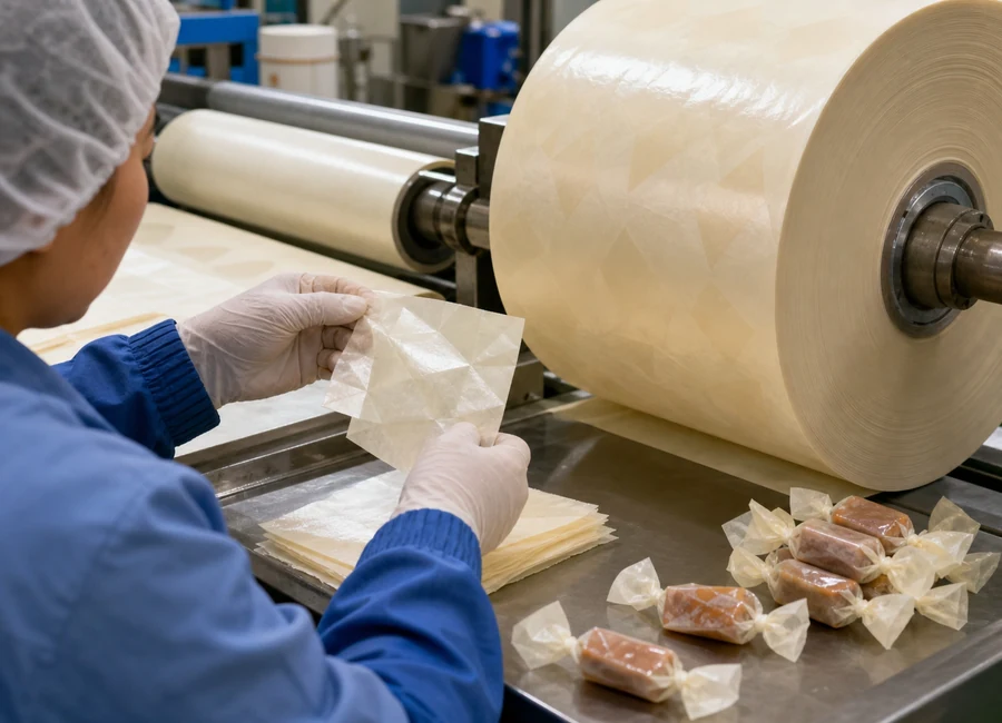 Worker inspecting food-contact paper reels
