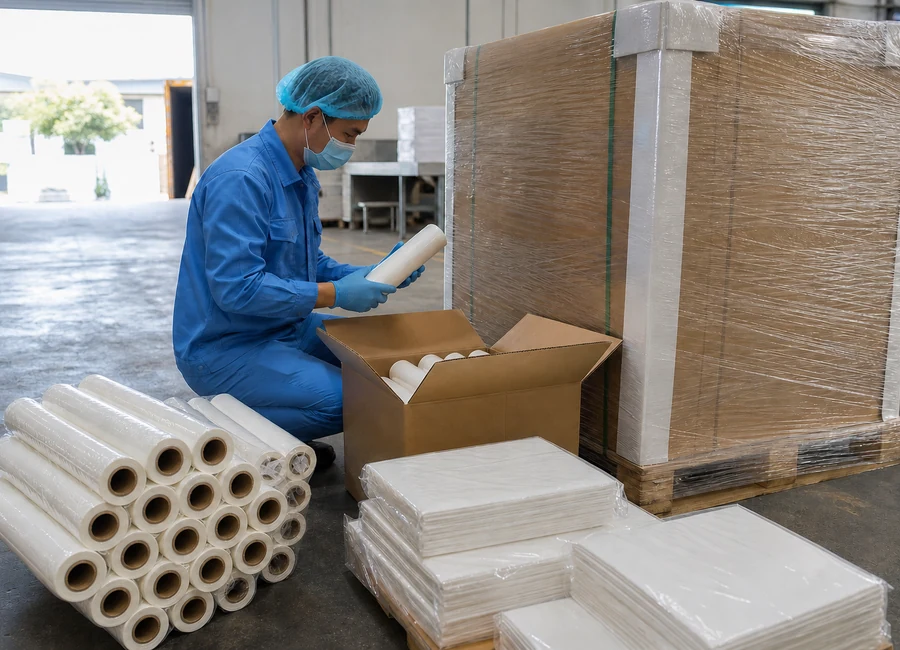 Finished baking paper packs inspected before export