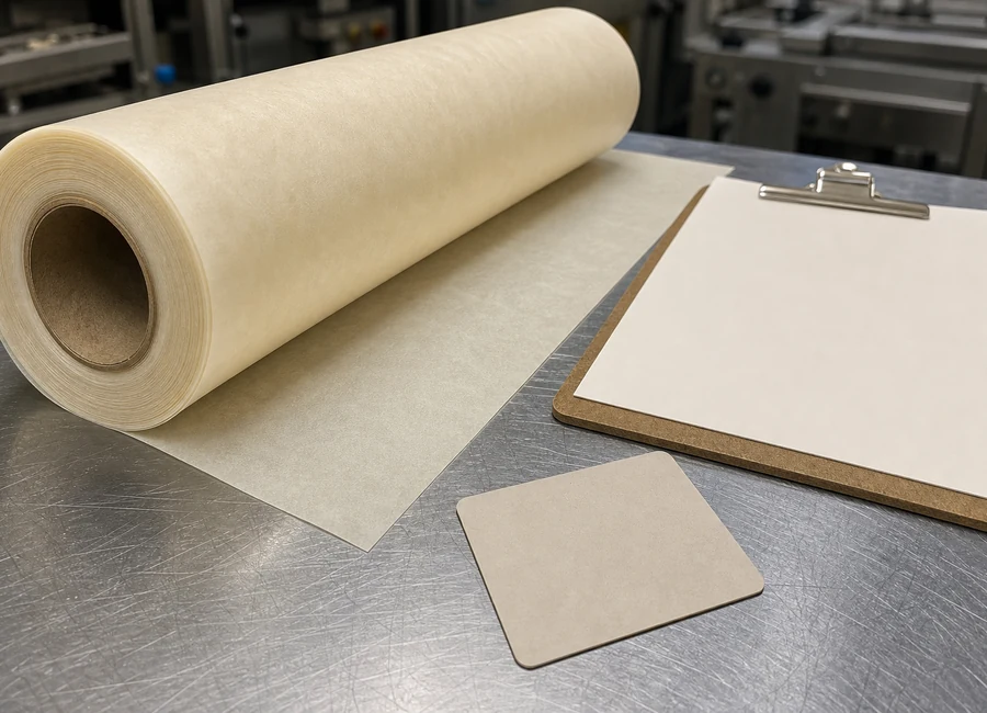 Baking paper roll beside specification and blank sample label