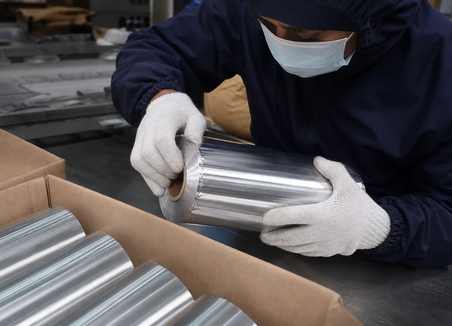 Worker inspecting aluminum foil rolls
