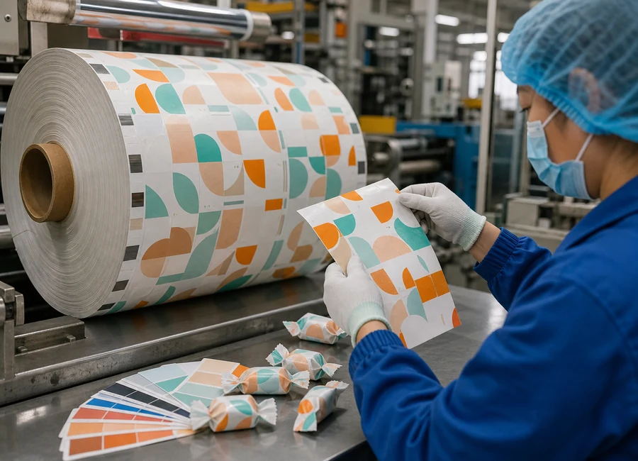 Worker inspecting food-contact paper reels