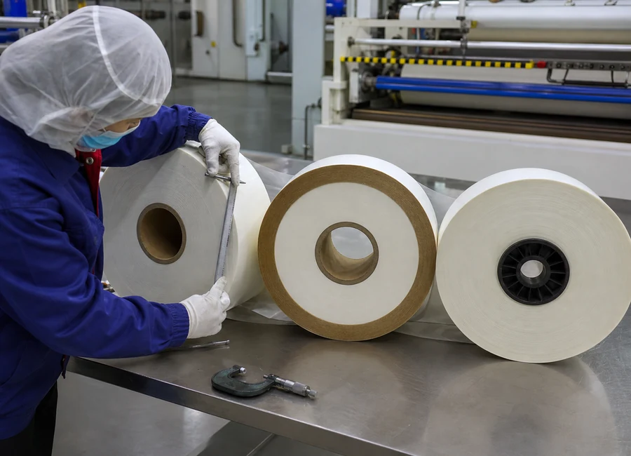 Worker inspecting food-contact paper reels