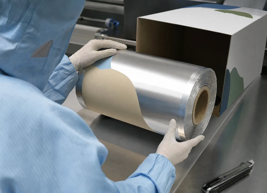 Worker inspecting aluminum foil rolls