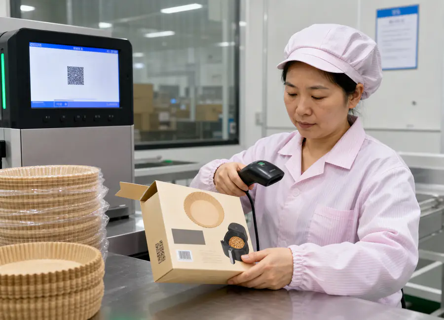 Chinese quality technician inspecting air fryer paper liners