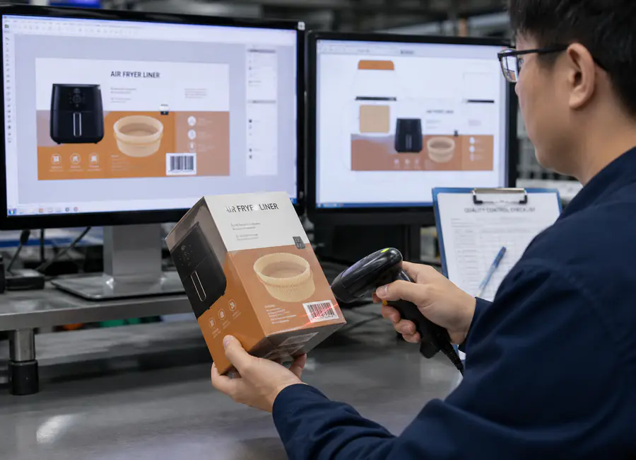 Worker inspecting air fryer liner packs
