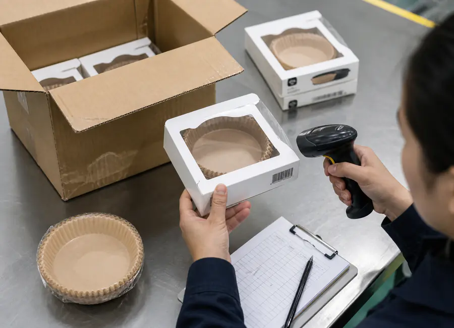 Worker inspecting air fryer liner packs