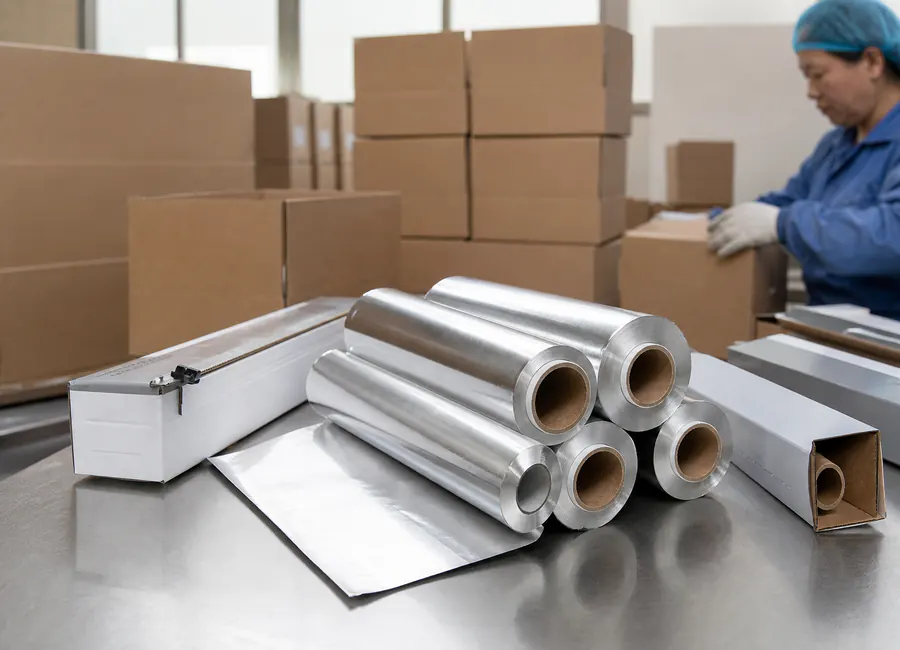 household aluminum foil rolls with cores, retail boxes and optional cutter systems commercial application