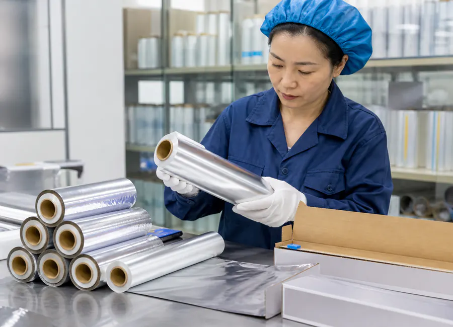 household aluminum foil rolls with cores, retail boxes and optional cutter systems inspection and packing