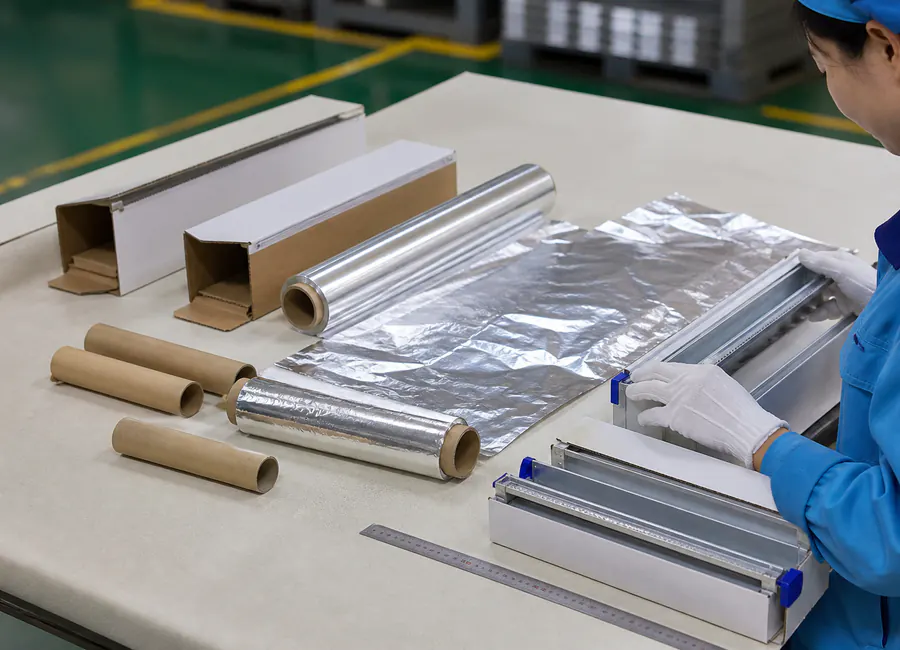 household aluminum foil rolls with cores, retail boxes and optional cutter systems sample comparison