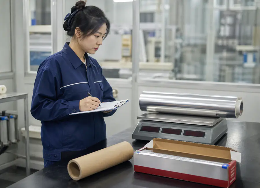 Chinese quality technician inspecting aluminum foil roll thickness