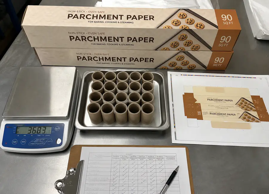 Chinese quality technician inspecting private label parchment paper