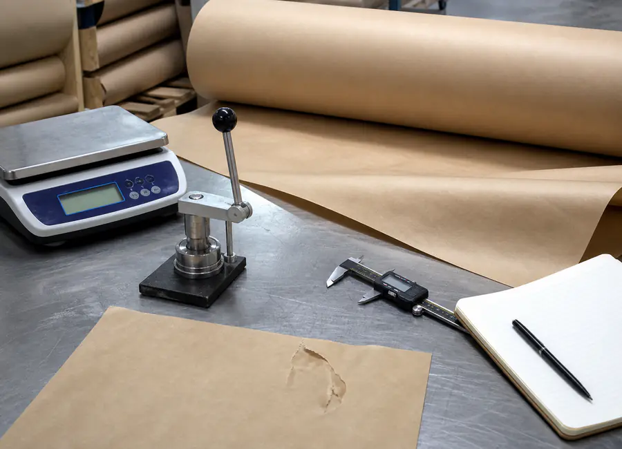 Chinese quality technician inspecting baking paper supplier